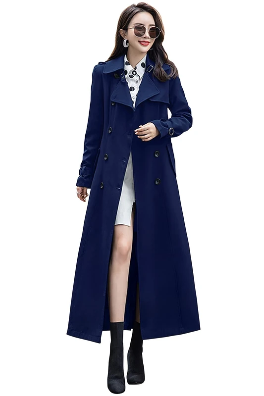 ebossy Women's Double Breasted Duster Trench Coat Slim Full Length Maxi Long Overcoat, Navy Blue, Small