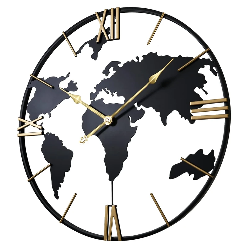 SCOAGE Modern Large Wall Clocks for Living Room Decor Metal Black World Map Golden Roman Numerals Wall Clocks Battery Operated 24 Inch Vintage Industrial Gold Room Decor for Farmhouse Kitchen Mantle