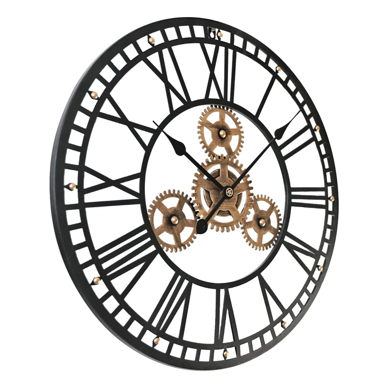 SCOAGE Large Digital Wall Clock Mid Century Modern Gold Gears Roman Numerals Vintage Black Metal Clocks 24 Inch Oversized Wall Clock Battery Operated Kitchen Living Room Dining Room Fireplace Decor