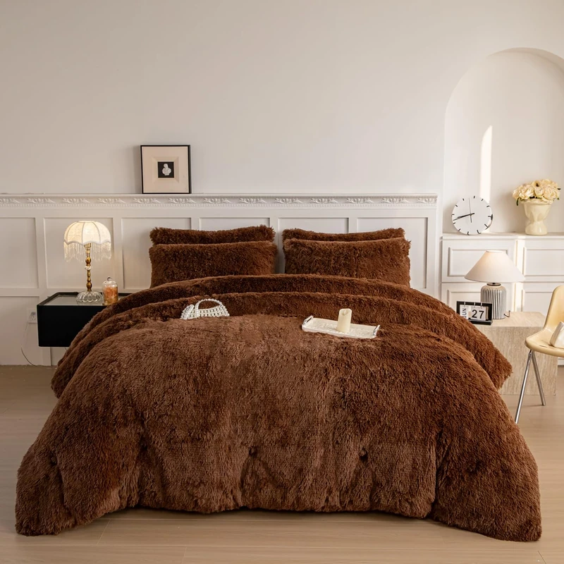 chovy Faux Fur Plush Coffee Comforter Sets Twin/Full Size - Ultra Soft Shaggy Flannel Velvet Fluffy Fuzzy 3PC Bedding Set （Comforter x 1 Pillowcases x 2）