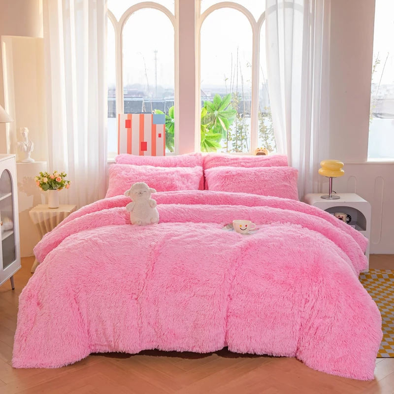 chovy Faux Fur Plush Pink Comforter Sets Twin/Full Size - Ultra Soft Shaggy Flannel Velvet Fluffy Fuzzy 3PC Bedding Set （Comforter x 1 Pillowcases x 2）