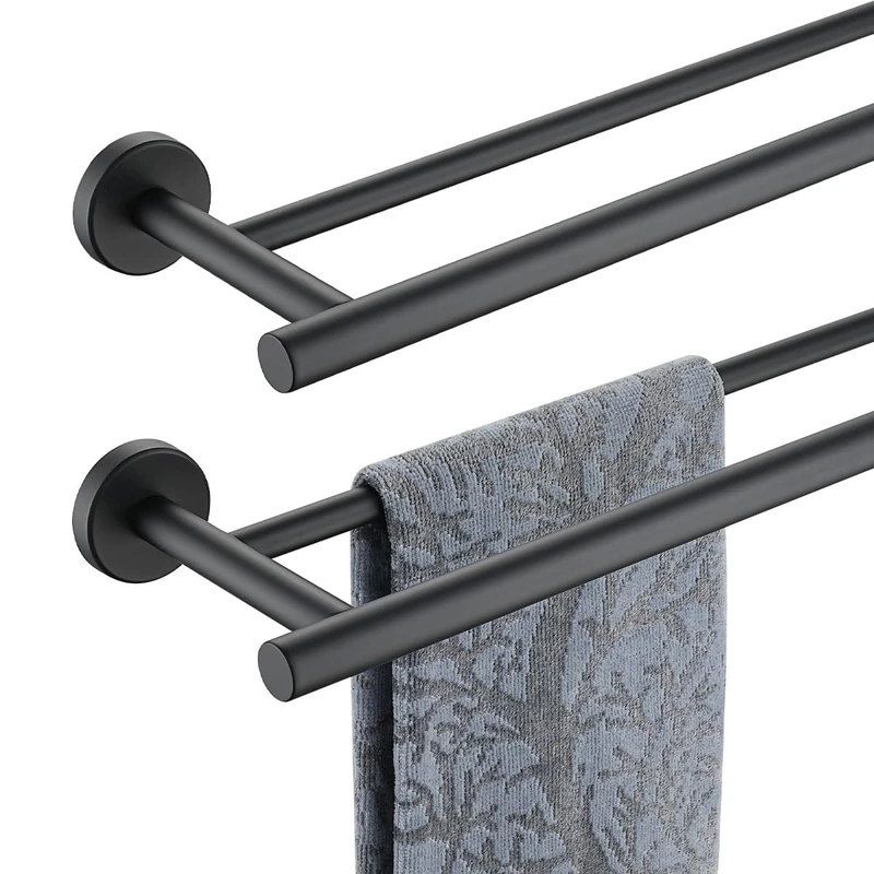 JQK Double Towel Bar 27 Inch, Matte Black Useable Length 24 Inch 304 Stainless Steel Thicken 0.8mm Bath Towel Rack for Bathroom, Towel Holder Wall Mount 2 Pack, TB100L24-PB-P2