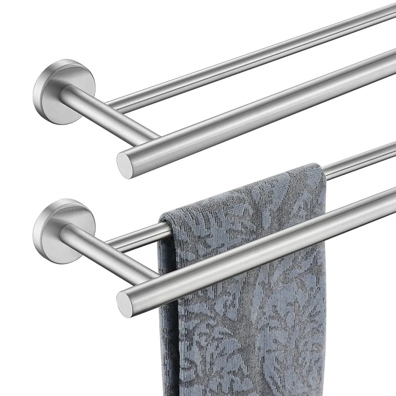 JQK Double Towel Bar 27 Inch, Brushed Steel Useable Length 24 Inch 304 Stainless Steel Thicken 0.8mm Bath Towel Rack for Bathroom, Towel Holder Wall Mount 2 Pack, TB100L24-BN-P2