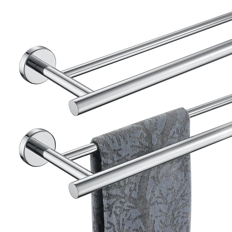 JQK Chrome Towel Bar, 27 Inch 304 Stainless Steel Thicken 0.8mm Double Bath Towel Rack for Bathroom, Towel Holder Polished Chrome Wall Mount, Useable Length 24 Inch 2 Pack, TB100L24-CH-P2