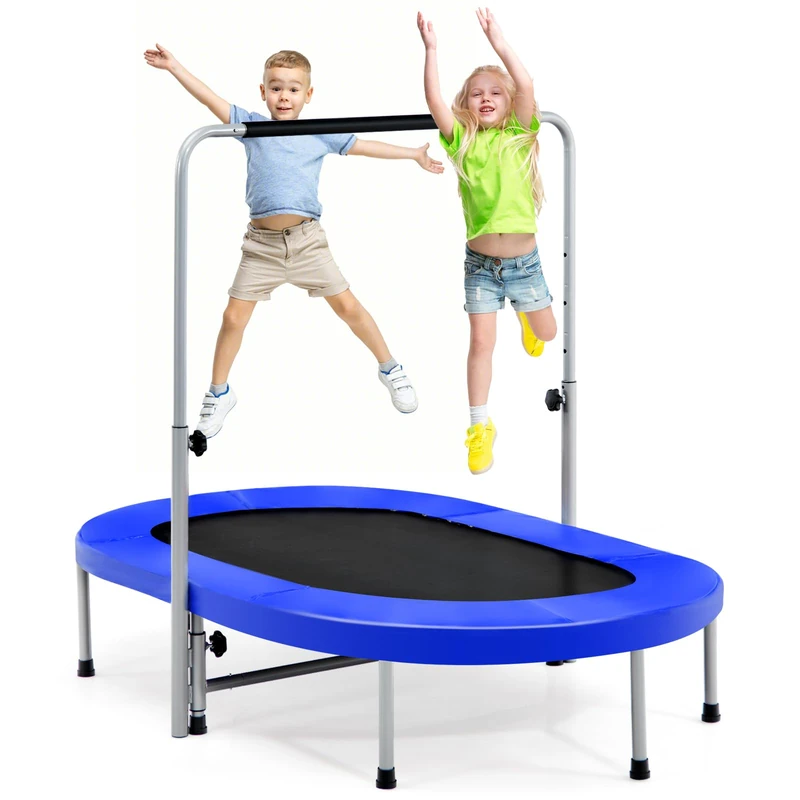 SPOTRAVEL 60’’ Kids Trampoline, 2 Persons Foldable Fitness Rebounder Trampoline with Height Adjustable Handrail & Padded Protective Cover, Indoor Outdoor Exercise Jumper for Adults Toddler (Blue)