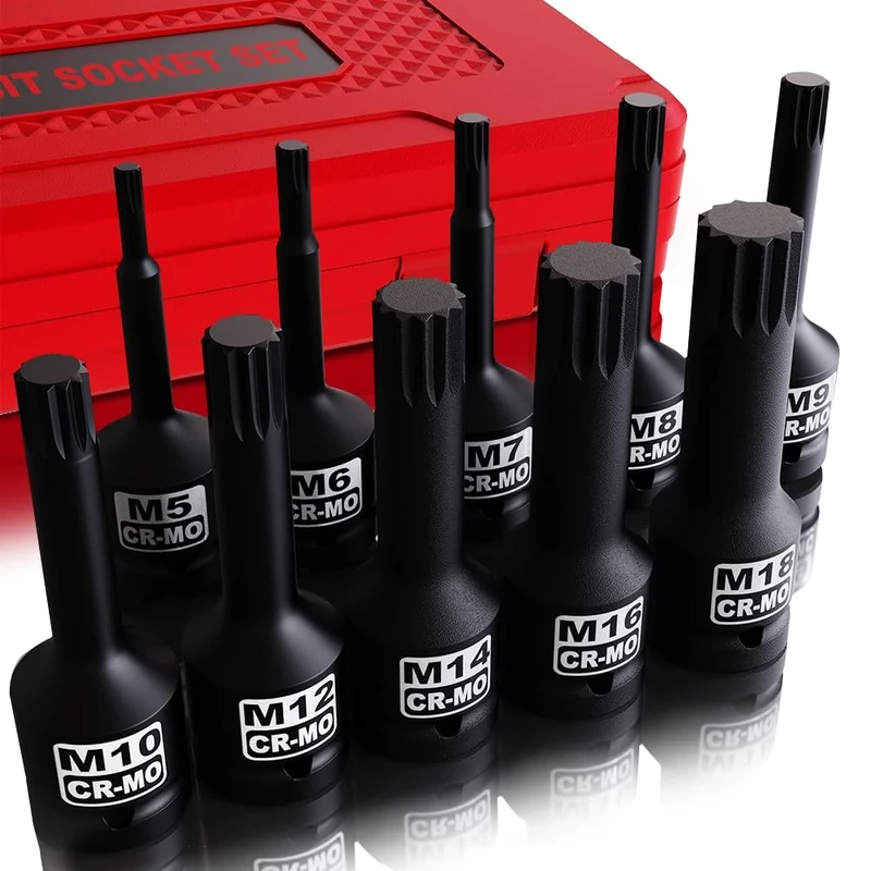 KIRXST 1/2 Inch Impact XZN Bit Socket Set，M5-M18 Triple Square Spline Bit Socket Set 10 Piece for Mechanical Repair