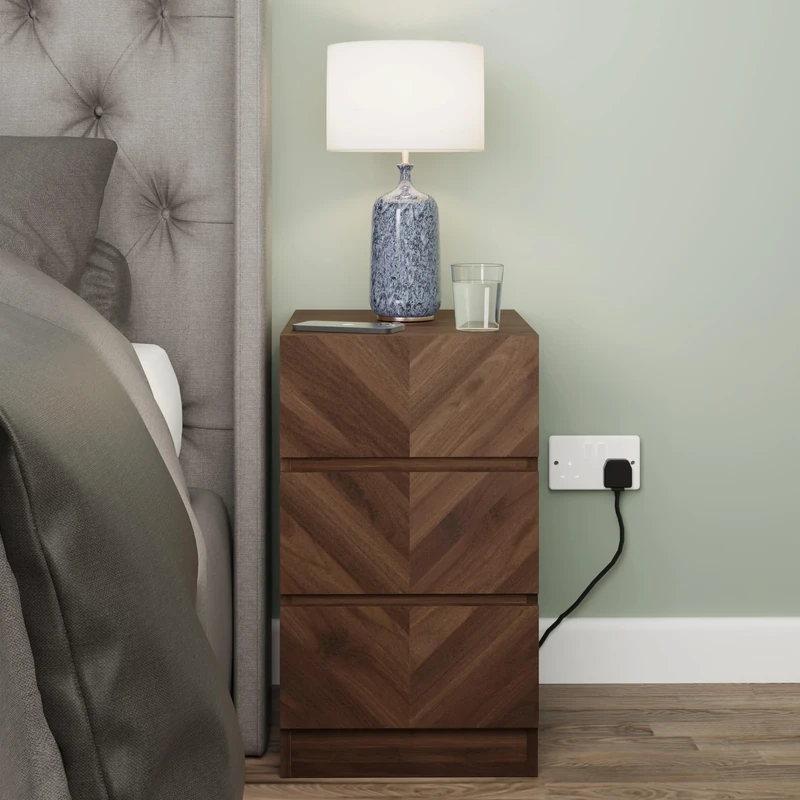GFW Catania Bedside Drawers, Chest Of Drawers Sideboard Cabinet, Modern Herringbone Design Wood Effect Finish Bedroom Furniture Storage Chest, Royal Walnut Wood H60.5 x W35cm x D40cm