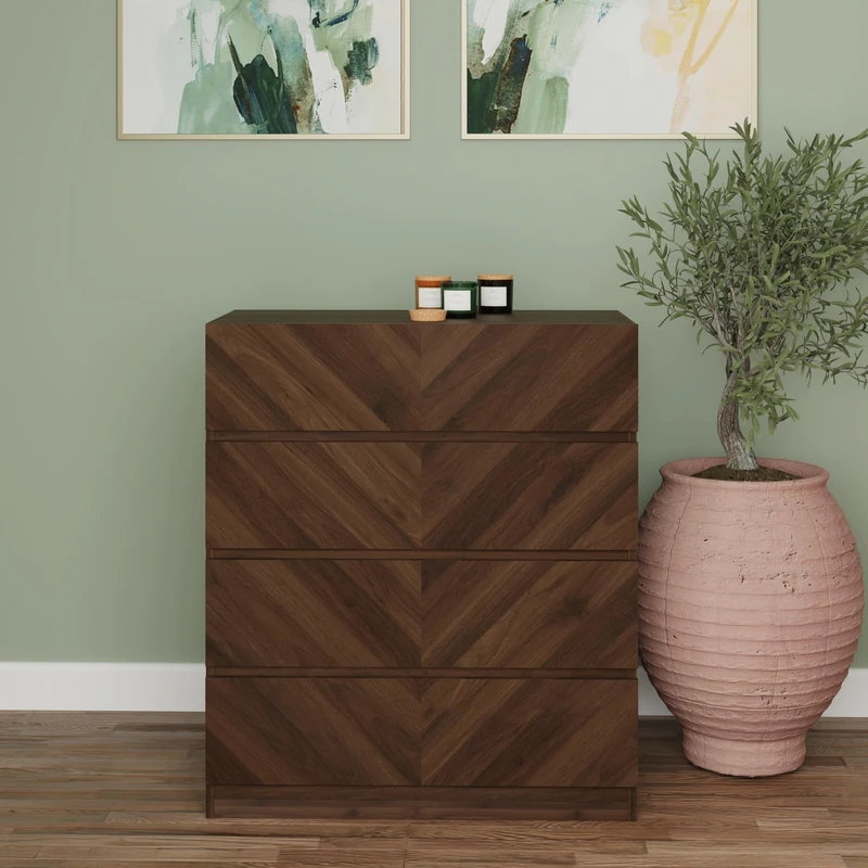 GFW Catania 4 Drawer Chest Storage Cabinet With No Handle Design, Modern Wooden Bedroom Furniture Chest Of Drawers Storage Unit Bedroom Furniture For Clothes Storage, Walnut H-89 x W-77 x D-39.5cm
