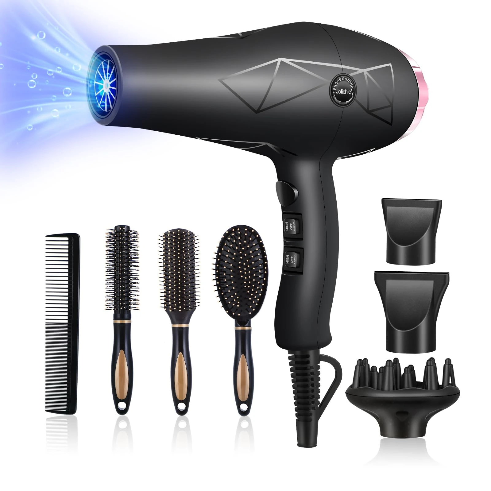Jolichic Professional Hair Dryer, 2400W Ionic Hairdryer with Diffuser for Women Men with Cool Button, 2 Speed 3 Heat Setting, 2 Nozzles/4 Styling Combs, Dry Blow Dryer for Salon Home and Travel