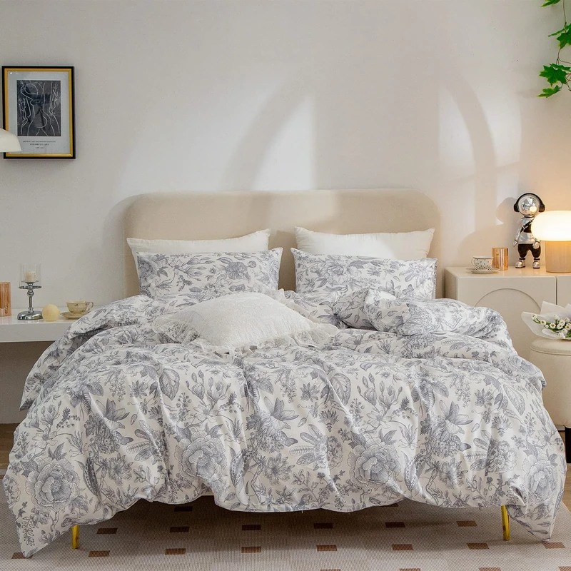 CottonLife King Size Duvet Cover Set Flower, 100% Cotton 3 Pieces Floral Bedding Sets for Girls, Vintage Chic Style Flower Leaf Pattern Printed Duvet Cover King with Zipper Closure