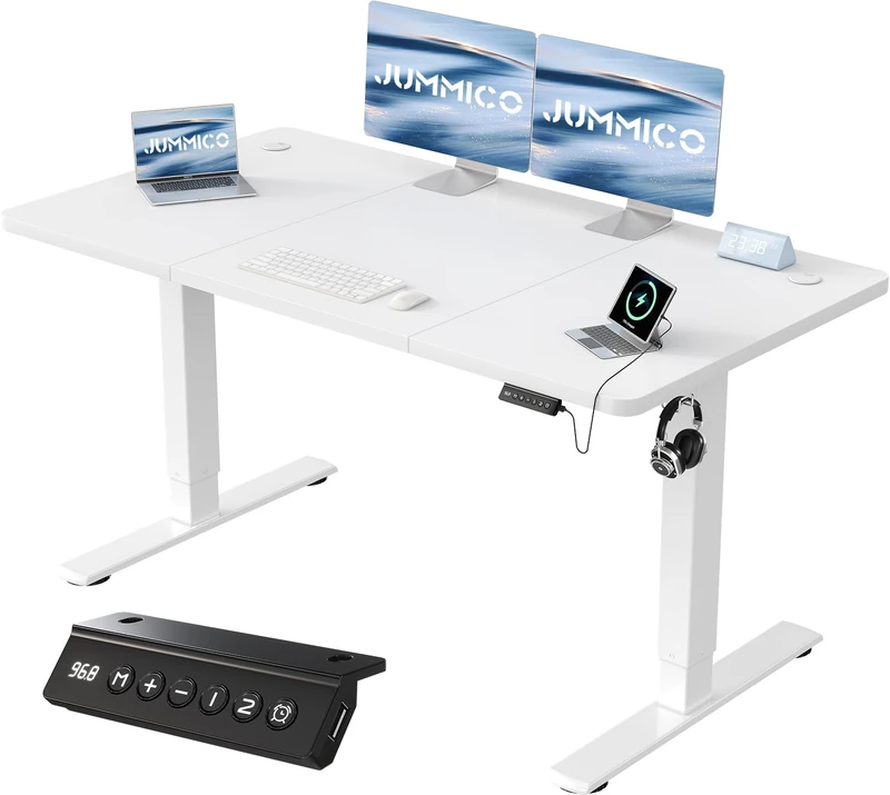JUMMICO 140x60cm Electric Standing Desk with USB Charging Height Adjustable Desk with Sedentary Reminder Stand Up Desk with Splice Board for Home Office,White