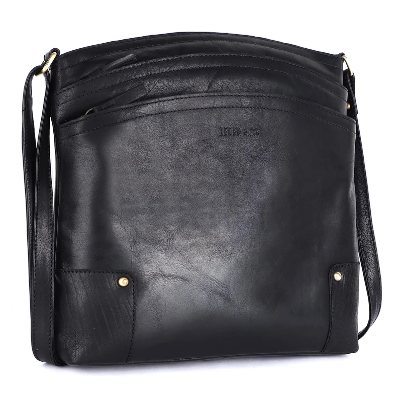 Lederbuck Terry Large Soft Real Leather Womens Crossbody handbag-Triple Zip Premium Sling Crossover Shoulder Bag, Black