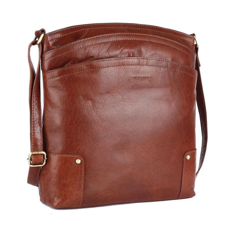 Lederbuck Terry Large Soft Real Leather Crossbody handbag-Triple Zip Premium Sling Crossover Shoulder Bag for Women, Cognac