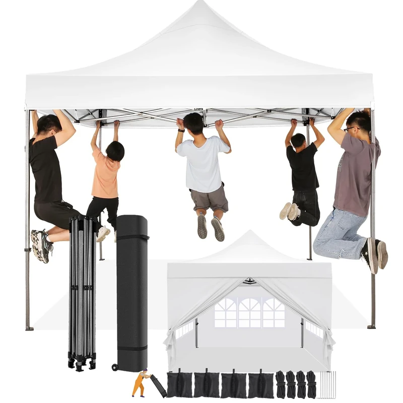 COBIZI Gazebo 3 x 3 Waterproof Stable Winterproof with Side Wall and Sandbag, Popup Folding Gazebo Party Tent, Sun Protection Garden Gazebo for Beach Wedding Camping with Bag with Wheels (3 x 3 m,