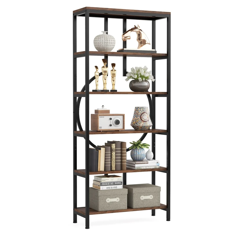 LITTLE TREE 70.9 Inch Industrial Bookshelf, 6-Tier Tall Bookcase with Open Shelves, Wood and Metal Display Shelf Storage Shelves for Home Office, Brown