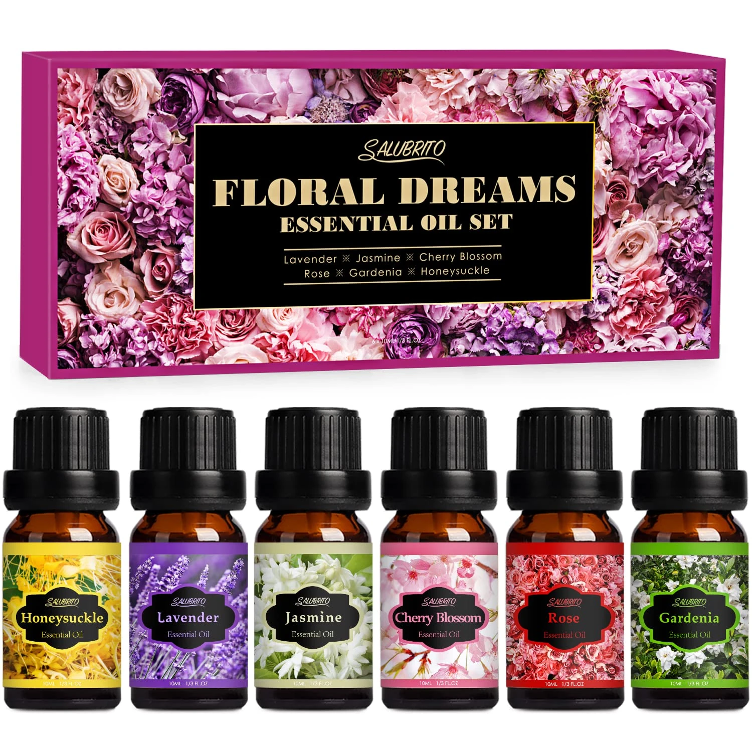 SALUBRITO Essential Oils Set, Floral Fragrance Oils for Diffuser for Home, 6 x 10ML Aromatherapy Oil for Candle Soap Making - Jasmine, Lavender, Rose, Gardenia, Cherry Blossom, Honeysuckle