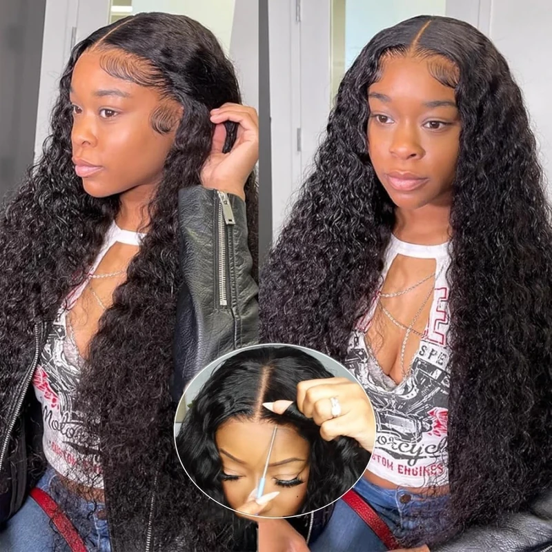 snv 5x5 SKINLIKE HD Lace Closure Wigs Human Hair 220 Density Upgraded Tiny Knots Real Pre Bleached Glueless Wigs Human Hair Ready to Wear Deep Wave Closure Wig 24inch Curly Wigs for Black Women