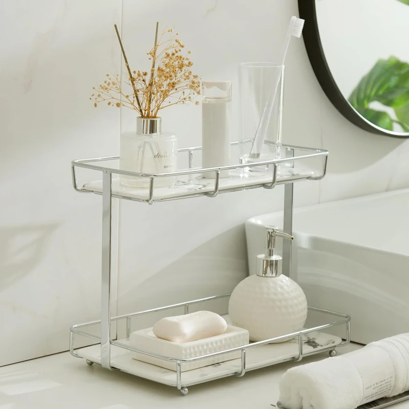 Dobbyby Bathroom Organizer Countertop Perfume Organizer Makeup Organizer Cosmetics Storage Display Rack 2 Tier Vanity Tray Dresser Stainless Steel Gold Shelf White Marble Ceramic Tray (Sliver, L)