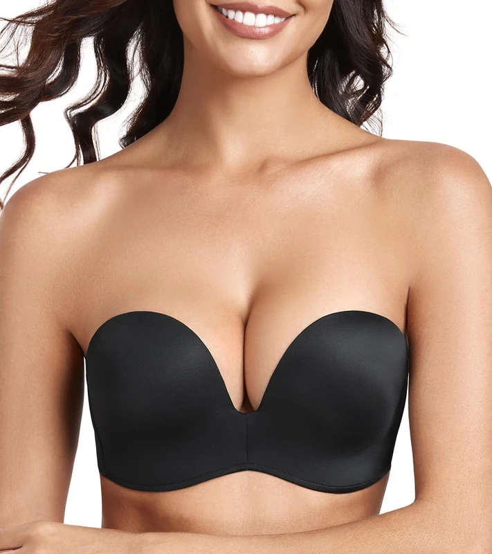Lemorosy Push up Strapless Bra Women's Anti-Slip Invisible Seamless Wireless Lift Support(Black,42C)