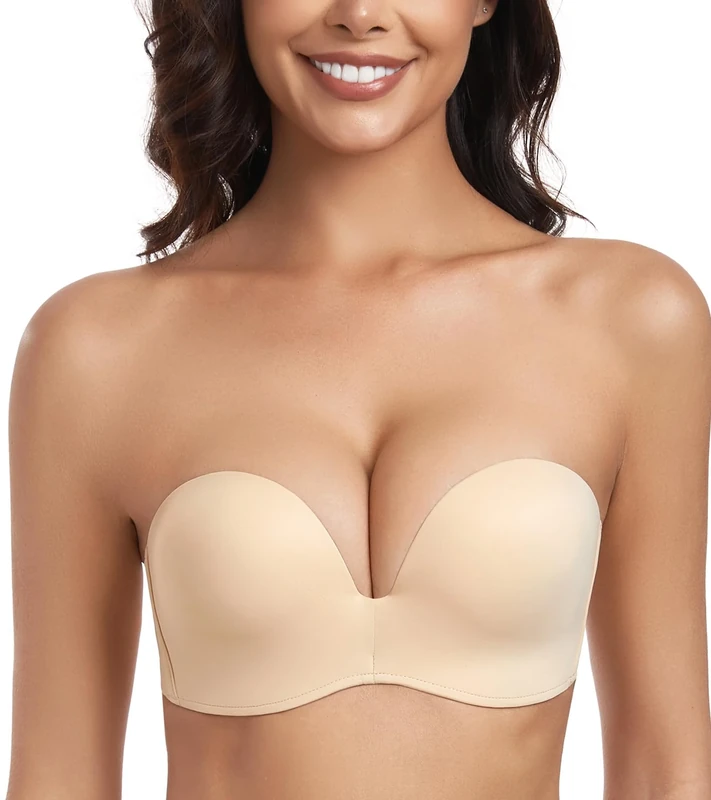 Lemorosy Push up Strapless Bra Women's Anti-Slip Invisible Seamless Wireless Lift Support(Beige,42B)