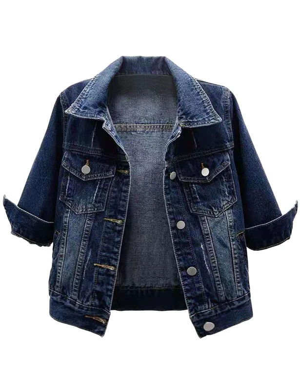 Locachy Womens 3/4 Sleeve Short Denim Jacket Lapel Button Down Cropped Trucker Jean Jackets Coats, Dark Blue, Large
