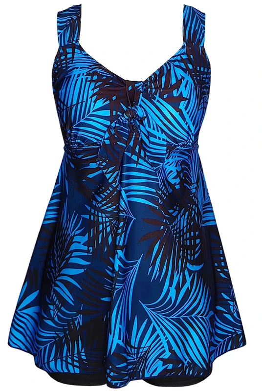DANIFY Women's Plus Size Swim Dress Tummy Control Swimdress Cover Up Swimwear Retro Skirted Swimsuit One Piece Bathing Suit, Blue Leaf, 28