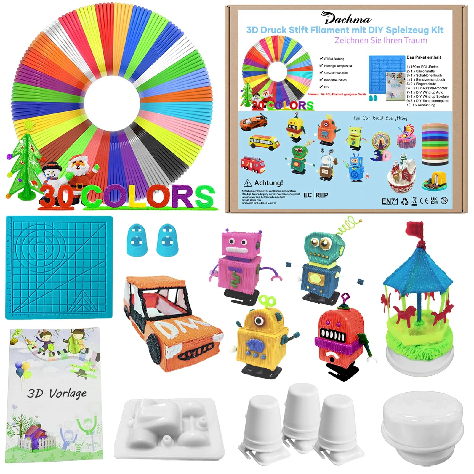 3D Printing Pen Filament DIY - 5 DIY Wind up + PCL Filament Refills 1.75mm 30 Colors(150M) + 3D Pen mat + 3D templates(40 Template) + Finger Protector for 3D pens for Kids Come with Equipment