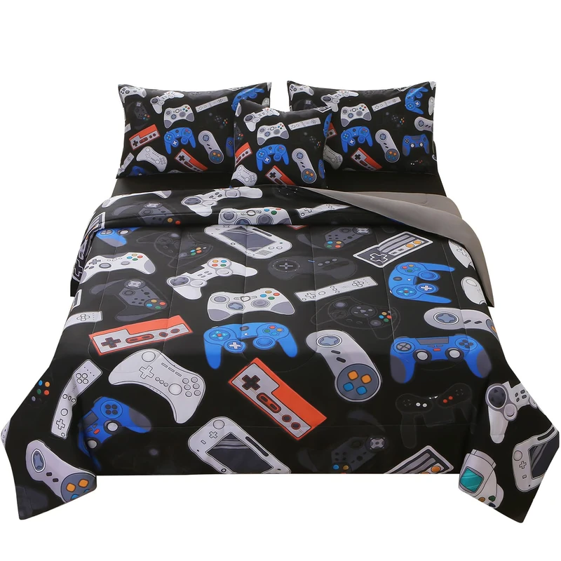 JQinHome Queen Gamer Comforter Set for Boys,6 Piece Bed in A Bag 3D Video Game Bedding -All Season Soft Microfiber Down Alternative Comforter Gamer Bedding Sets for Kids(Gamepad Collection)