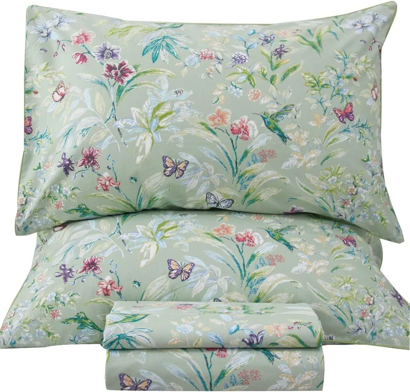 QSH 100% Egyptian Cotton Sheets Twin Size, Green Flower Bird Butterfly Pattern Botanical Luxury Printed Bedding Flower Twin Bed Sheets for Girl Kid Extra Soft 4pcs Deep Pocket Floral Bed Sheet
