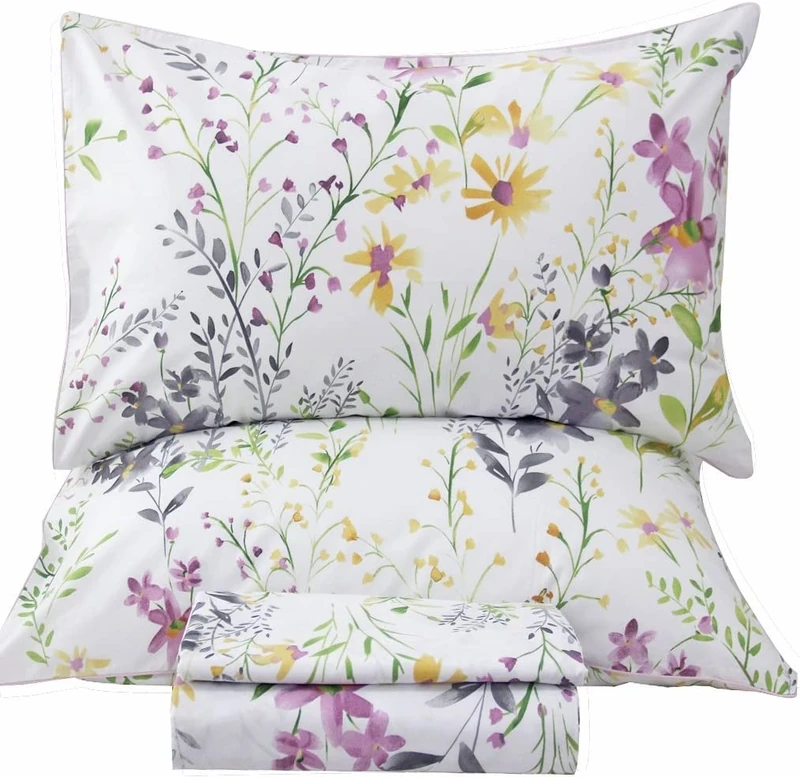 QSH 100% Egyptian Cotton Cal King Sheets, Yellow Flower Plant Pattern Botanical Luxury Cotton Printed Flower California King Bedding Sheets, 4pcs Deep Pocket California King Floral Bed Sheet Set