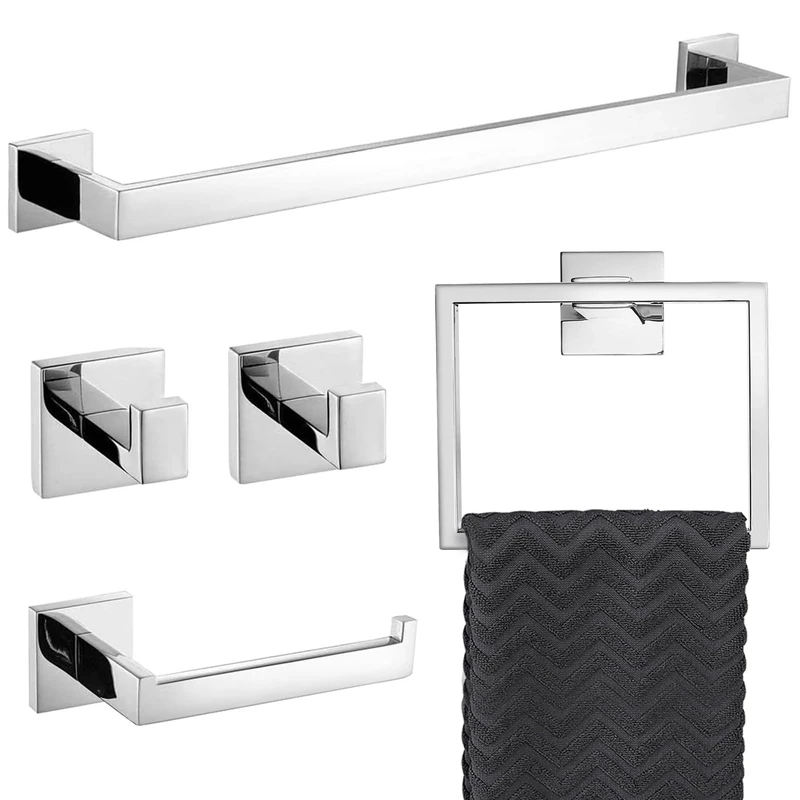TURS 5 Piece Polished Chrome Bathroom Hardware Set with Towel Bar, Toilet Paper Ring and 2 Towel Hooks Wall Mounted Stainless Steel