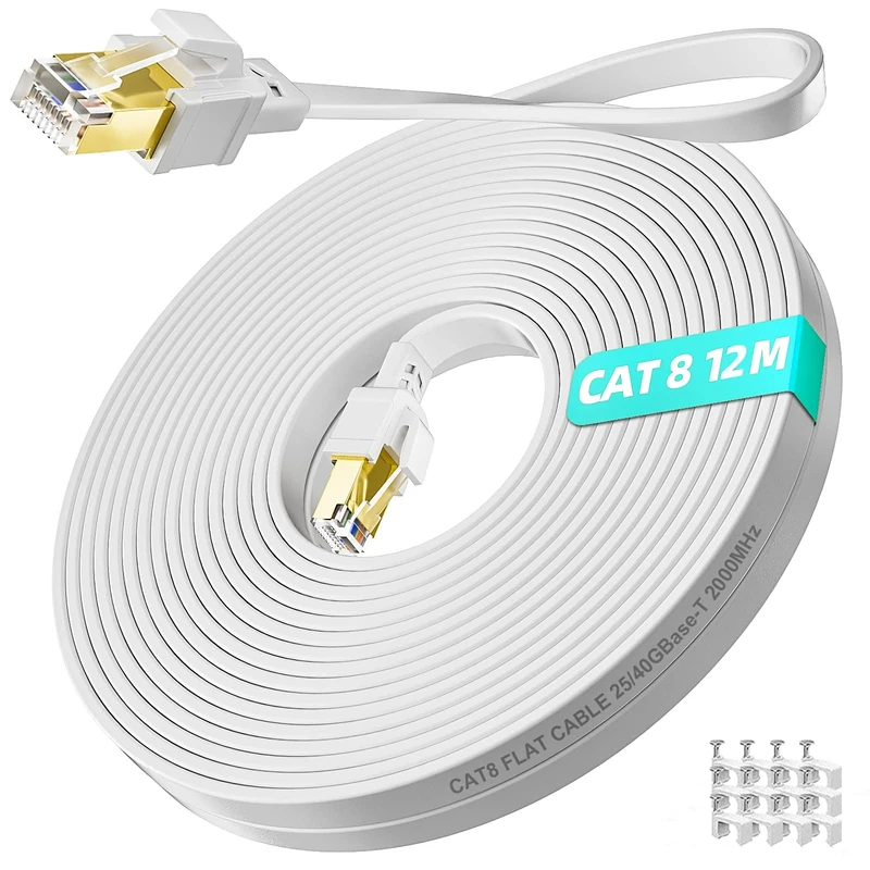 Soibke Cat 8 Ethernet Cable 12m Flat Long LAN Internet Cable 12 Meter High Speed 40Gbps 2000MHz Network Cable Gigabit RJ45 Indoor, White Patch Cord with 12 clips for Xbox WiFi Router TV Modem Switch