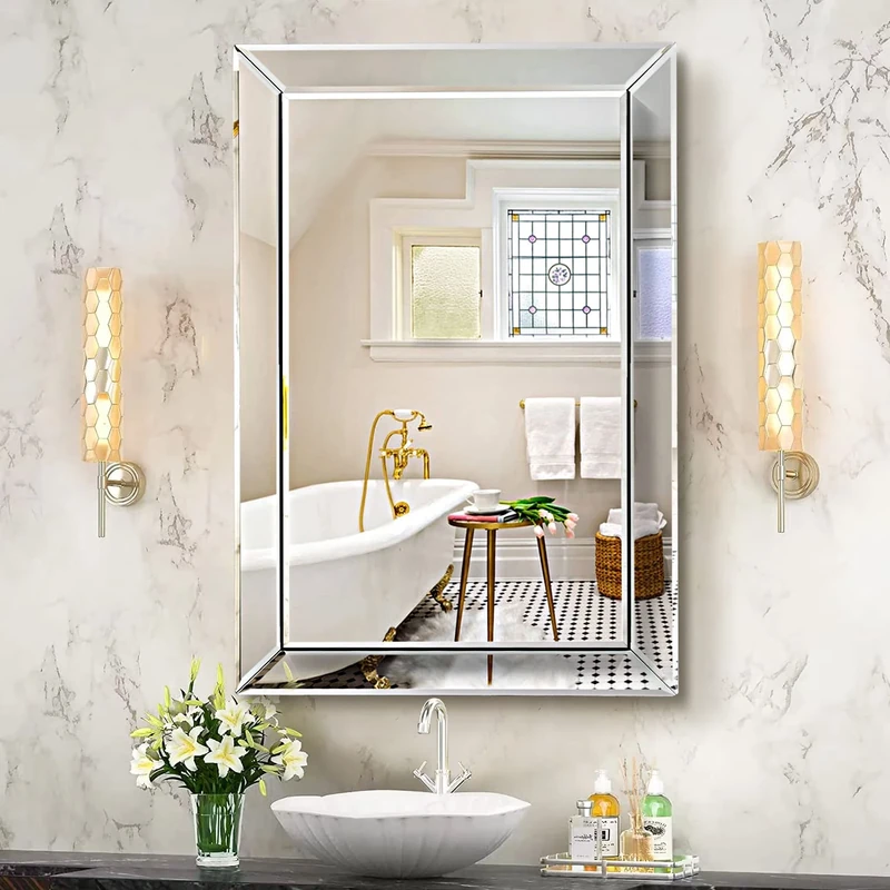 Pregaspor Wall Mirror for Bathroom, 24" x 36" Rectangular Frameless Vanity Mirror, Polished Beveled for Over Sink