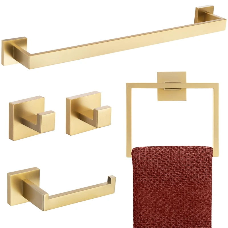 TURS Set of 5 Gold Brushed Stainless Steel Bathroom Accessories
