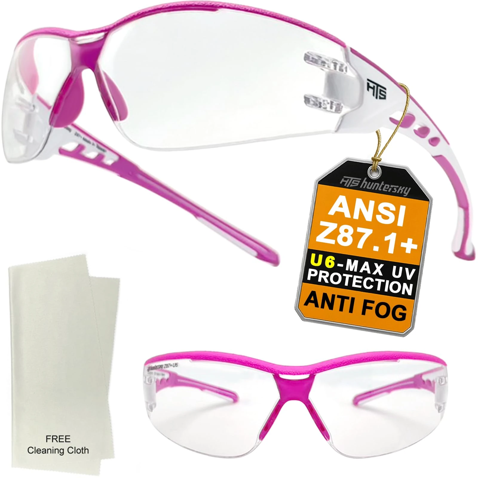 HTS HUNTERSKY Anti Fog Clear Shooting Safety Glasses for Ladies U6 UV Protection Flexible Lightweight Wrap Around with ANSI Z87.1 Pink Frame Scratch Resist