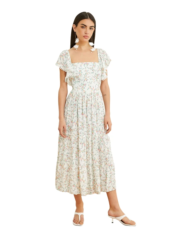 Koton Women's Floral Midi Dress Square Neck Frill Detail, Green Design (7d5), 22