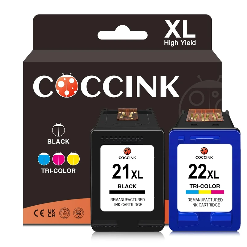 COCCINK 21XL 22XL 21/22 Printer Ink Cartridges Replacement for HP 21 22 XL Compatible with Deskjet F2120 F2180 F2280 F335 F380 F390 F4180 F4190 D1460 D1530 D2360 D2460 OfficeJet 4315 J3608 Twin Pack