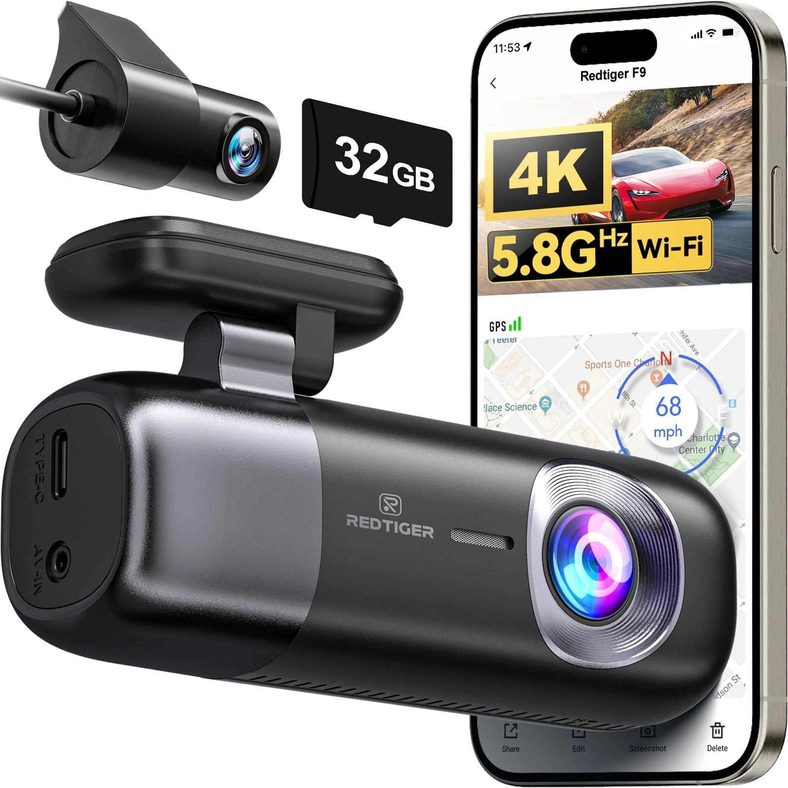 REDTIGER Dash Cam 4K Front and Rear 1080P, 5.8GHz WiFi GPS Car Camera with 32GB Card, Dual Dash Camera for Cars, Loop Recording, Night Vision, Parking Mode, App Control, Support 256GB Max