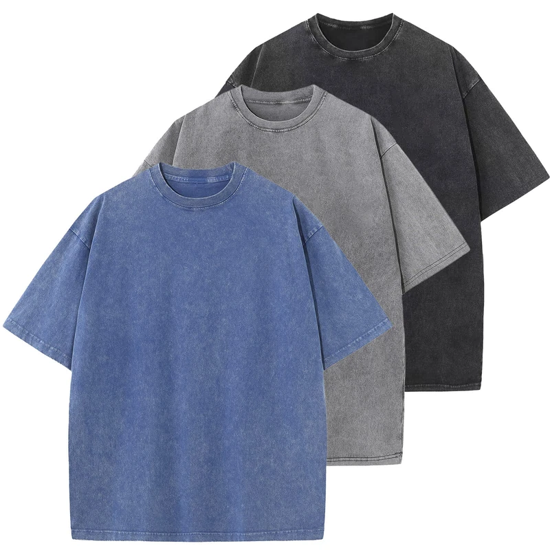 Men's Cotton T-Shirts Oversized Unisex Short Sleeves Casual Loose Wash Solid Basic Tee Tops, A-Blue+Grey+Black, Large - Image 1