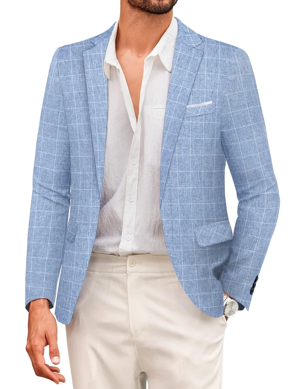 COOFANDY Men's Casual Suit Blazer Jackets Lightweight Sports Coats One Button, Plaid Blazer - Sky Blue, 3XL