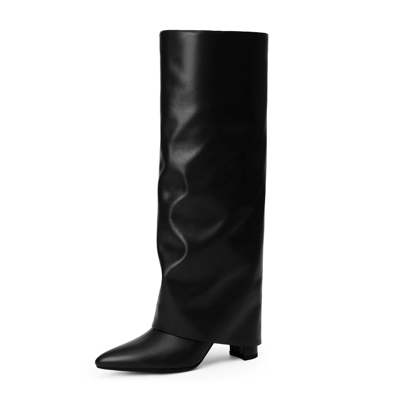 Modatope Knee High Boots Women Fold Over Knee High Boots Chunky High Heels Long Boots Zipper Pointed Toe Dress Tall Boots for Women, Black Pu, 4 UK