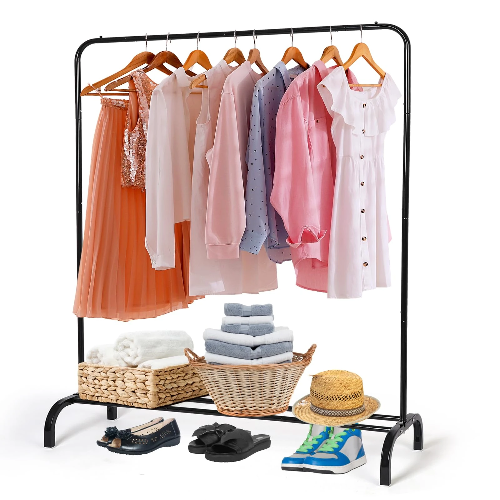 Metal Clothing Rack Garment Rack, Closet Rack Heavy Duty Hanging Racks for Clothes with Top Rod and Storage Bottom Shelf, Clothes Rail Hanger Stand Free for Hanging Coats, Skirts, Shirts 43.5 In-Black