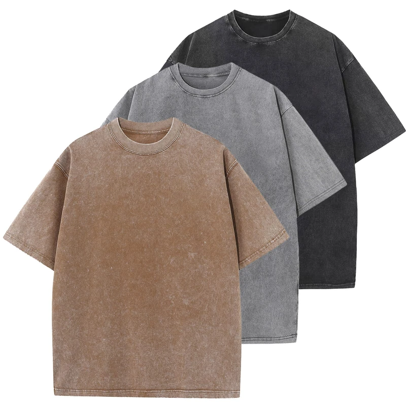 Men's Cotton T-Shirts Oversized Unisex Short Sleeves Casual Loose Wash Solid Basic Tee Tops, A-Coffee+Grey+Black, S