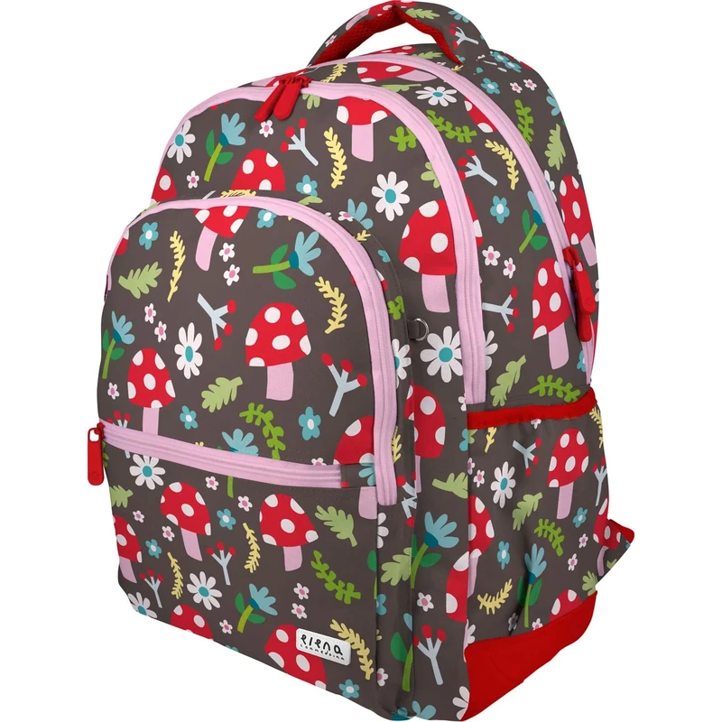 Grafoplás | School Backpack Three Compartments | 33 x 46 x 22.5 cm | Padded Zone for Laptop | Rubber Model | Mushrooms Design | Elena Corredoira, brown, 33x46x22,5cm, School