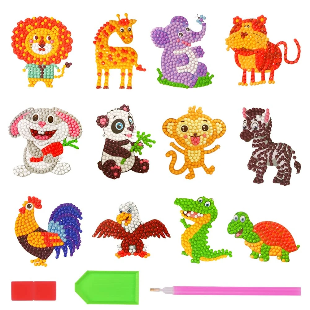AUAUY Diamond Painting Stickers Kits for Kids, Arts and Crafts for Girls Boys, Easy to DIY Creative Diamond Mosaic Sticker Craft by Numbers Kits for Kids and Adult Beginners (12PCS Animals)