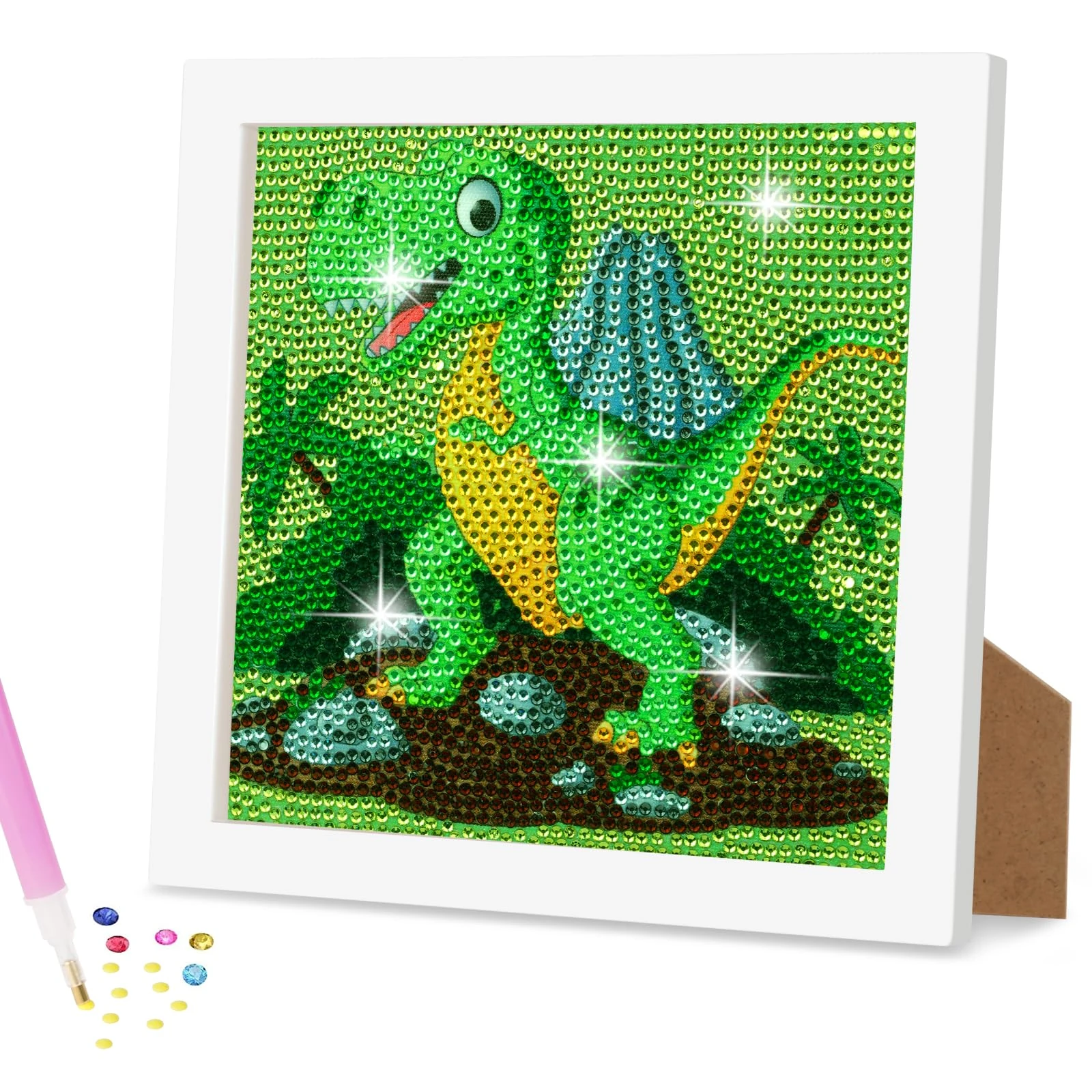 AUAUY 5D Diamond Painting Kit for Kids, Art Crafts Kits with Wooden Frame, Cartoon Diamond Art Easy Kits, Anime Diamond Painting Full Drill Diamond Art Gem Painting for Girls Boys Beginners (Dinosaur)