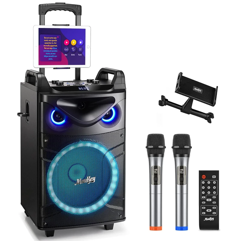Moukey Karaoke Machine, 12" Woofer PA System, Portable Bluetooth Speaker with 2 Wireless Microphones, Party Lights and Echo/Treble/Bass Adjustment, Supports TWS/REC/AUX IN/MP3/USB/TF/FM - MTs12-1