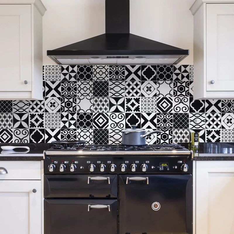 CREARREDA 67636 Black and White Tiles Adhesive Splash Guard 260 x 60 cm, Vinyl