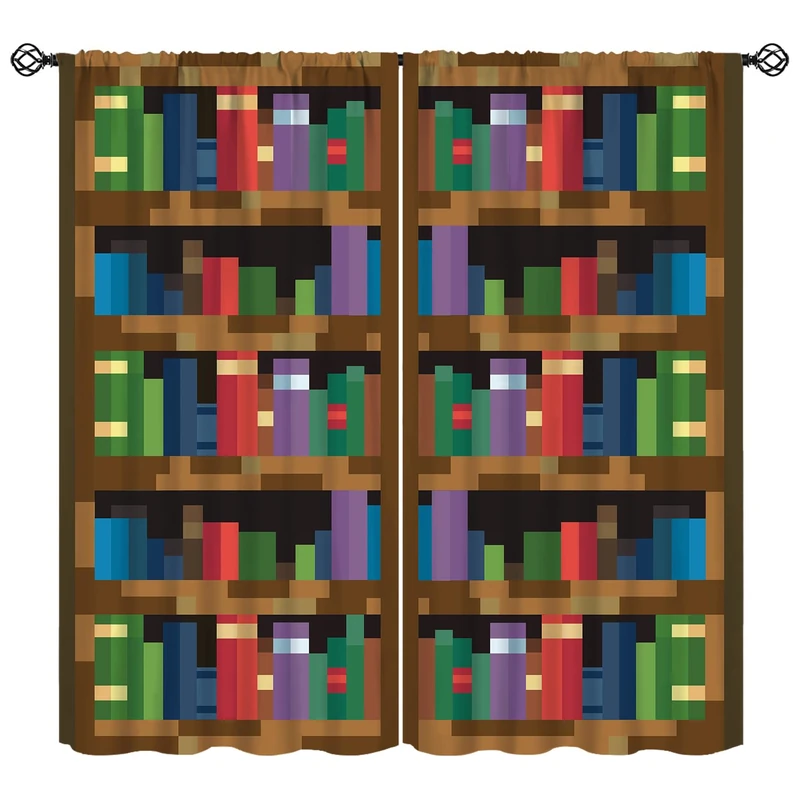 SHElifestyle Pixelated Bookshelf Curtain for Kids, Shelf with Books in Pixel Art Style Game Concept Blackout Rod Pocket Window Treatments Drapes for Girls Boys Bedroom Playroom 55x63in
