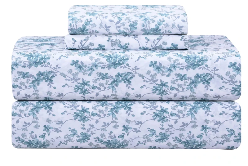 Feather & Stitch Softest 100% Cotton Sheets, 300 Thread Count Percale Weave Bedding, 16" Deep Pocket, Cooling Sheets, Breathable Bed Set, Hotel Premium Quality (King, Blue Floral)